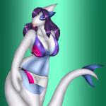 1:1 anthro anthrofied bedroom_eyes bikini breasts clothed clothing female generation_2_pokemon hi_res koekoek legendary_pokemon looking_at_viewer lugia narrowed_eyes nintendo pokemon pokemon_(species) pokemorph seductive simple_background solo standing swimwear tail tongue tongue_out two-piece_swimsuit