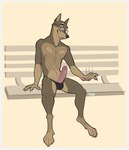 anthro bench border clothed clothing erection eyewear foreskin genitals glasses humanoid_genitalia humanoid_penis looking_at_viewer male nipples nude penile penis simple_background sitting smile solo white_border taga andy_the_doberman canid canine canis dobermann domestic_dog mammal pinscher hi_res