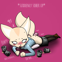 alcohol anthro beer beverage blush bodily_fluids clothed clothing dialogue disembodied_penis drunk duo emanata female female_focus genitals interrobang legwear male male/female pantyhose partially_clothed penis solo_focus substance_intoxication tears text rockarboom aggretsuko sanrio fenneko canid canine fennec_fox fox mammal true_fox 1:1 english_text hi_res