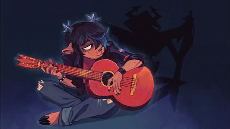 acoustic_guitar anthro black_hair blue_background bottomwear bracelet clothing colored_nails dark_hair denim denim_bottomwear denim_clothing ear_piercing eyelashes fan_designs female guitar hair highlights_(coloring) hooves jacket jeans jewelry leather leather_clothing leather_jacket leather_topwear lgbt_pride musical_instrument nails pants piercing plucked_string_instrument pride_colors shadow simple_background sitting solo string_instrument topwear torn_bottomwear torn_clothing torn_jeans torn_pants starridge deltarune undertale_(series) dess_holiday roaring_knight deer mammal new_world_deer reindeer 16:9 2025 digital_media_(artwork) hi_res widescreen