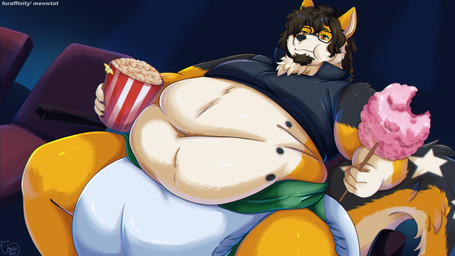 abdl anthro belly big_belly big_butt big_diaper butt clothing crop_top diaper diaper_fetish eyewear food glasses hyper male movie_theater nipples overweight overweight_anthro overweight_male popcorn shirt solo topwear meowtat fan_character canid canine mammal 16:9 hi_res widescreen