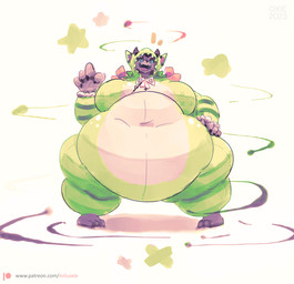 4_claws 4_fingers anthro bar_emanata barefoot belly belly_expansion big_belly big_breasts biped black_claws breasts claws clothed clothed_anthro clothed_female clothing cursed_clothing dragon_costume emanata expansion fake_horns feet female female_anthro fingers front_view green_clothing green_magic green_pajamas green_star green_stripes hand_on_hip hand_on_own_hip huge_belly looking_at_viewer magic navel_outline obese obese_anthro obese_female onesie open_mouth open_smile orange_emanata overweight overweight_anthro overweight_female pajamas pigeon_toed pink_star purple_magic simple_background smile solo standing stripes text thick_thighs weight_gain white_background wide_stance miluinaoxie blizzard_entertainment warcraft fernier canid mammal werecanid werecreature worgen 2023 digital_media_(artwork) digital_painting_(artwork) full-length_portrait hi_res painting_(artwork) portrait url