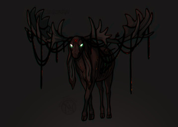 ambiguous_gender arrow_(weapon) bone creepy cross_(marking) decay feral glowing glowing_eyes hooves horn long_ears ranged_weapon ribs rotting solo weapon white_eyes zegzagun deer mammal moose new_world_deer hi_res