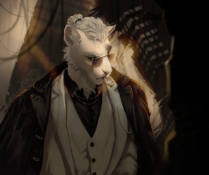 alternate_species anthro black_clothing black_sclera black_shirt black_topwear black_trenchcoat building button_(fastener) buttoned_clothing cable cigarette cigarette_in_mouth cigarette_smoke clothed clothing coat depth_of_field destroyed_building eyewear fur furrification hair inner_ear_fluff layered_clothing light male neck_tuft object_in_mouth pink_inner_ear ruins shirt smoke solo sunglasses sunglasses_on_face tied_hair topwear trenchcoat tuft vest wearing_sunglasses white_body white_clothing white_fur white_inner_ear_fluff white_topwear white_vest wire yellow_eyes chillingsmite capcom resident_evil resident_evil_requiem zeno_(resident_evil_requiem) domestic_cat felid feline felis mammal 2026 colored digital_media_(artwork) hi_res lighting shaded