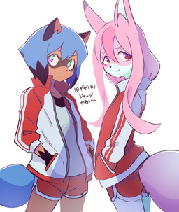 anthro black_ears black_hair black_nose blue_hair blue_tail bottomwear brown_body brown_fur clothed clothing dolphin_shorts duo facial_markings female female_anthro fur gloves_(marking) green_eyes hair hand_in_pocket hands_in_both_pockets head_markings jacket kemono long_hair looking_aside looking_at_viewer markings mask_(marking) multicolored_body multicolored_fur multicolored_hair pink_body pink_ears pink_fur pink_hair pink_tail pockets red_clothing red_eyes shirt short_hair shorts simple_background tail text topwear unzipped white_background white_body white_clothing white_fur zipper h0y0n brand_new_animal studio_trigger michiru_kagemori nazuna_hiwatashi canid canine fox mammal raccoon_dog tanuki 2020 digital_media_(artwork) hi_res japanese_text translated