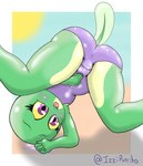 anthro butt clothing countershading female green_body navel open_mouth pink_clothing purple_clothing purple_eyes simple_background solo swimwear tail yellow_sclera young izzipurrito amphibian frog froglet humanoid tadpole hi_res