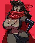 anthro armwear big_breasts black_hair bottomwear breasts cleavage clothed clothing curvy_figure elbow_gloves female fur gloves grey_body grey_fur hair hand_on_hip handwear loincloth long_hair looking_at_viewer open_mouth red_eyes red_scarf scarf sharp_teeth skimpy smile solo standing teeth voluptuous ooo-belise-ooo canid canine canis mammal wolf hi_res watermark