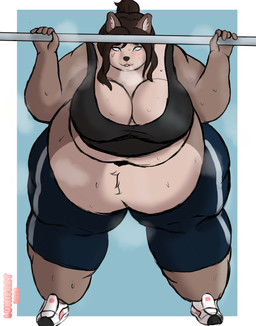 anthro athletic_wear belly bent_over big_belly big_breasts blue_eyes bodily_fluids bottomwear bra breasts breath brown_body brown_fur clothing exercise female footwear fur hair morbidly_obese morbidly_obese_anthro morbidly_obese_female musk obese obese_anthro obese_female overweight overweight_anthro overweight_female panting pants ponytail shoes smelly sneakers solo sports_bra sweat sweatpants underwear weight_gain workout lumieart canid canine canis jackal mammal absurd_res hi_res
