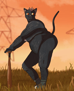 anthro arm_hair baseball_bat bat_(object) body_hair clothing female field footwear leg_hair outside overweight overweight_anthro overweight_female pose shoes solo stardust_strix night_in_the_woods mae_borowski domestic_cat felid feline felis mammal hi_res pinup