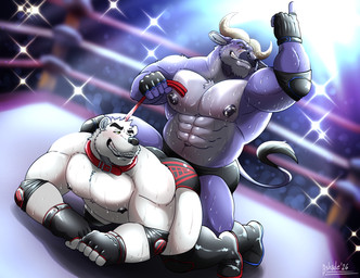 abs anthro arena aroused aroused_by_another aroused_face aroused_male aroused_smile ass_up backlighting barazoku bent_over biceps big_butt big_muscles big_pecs black_boots black_briefs black_clothing black_elbow_pads black_fingerless_gloves black_footwear black_gloves black_handwear black_underwear blue_body blue_fur bodily_fluids boots briefs butt clothed clothed_sex clothing collar competition defeat defeat_sex defeated dominant dominant_anthro dominant_male domination/submission dry_humping duo elbow_pads fighting_ring fingerless_gloves footwear fur gloves grey_body grey_fur grin grinding handwear holding_leash holding_object horn humping imminent_sex kneeling kneeling_on_ground kneeling_sex leash leash_pull leashed_collar leashed_male light looking_pleasured male male/male manly muscular muscular_anthro muscular_arms muscular_male muscular_thighs nipples pecs public public_sex red_collar red_leash sex sexual_competition sexual_fight shoes smile smirk stadium stadium_lighting submissive submissive_anthro submissive_male sweat sweatdrop sweaty_arms sweaty_body sweaty_chest sweaty_face sweaty_legs tail thick_arms thick_thighs topless topless_anthro topless_male tough_guy underwear white_body white_fur wrestler wrestlers wrestling wrestling_briefs wrestling_clothing wrestling_match wrestling_outfit shade_the_wolf butch_boulder bear bovid bovine cattle mammal polar_bear ursine 2026 hi_res lighting