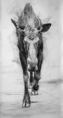 black_body female feral looking_at_viewer realistic simple_background solo standing walking white_background geordie_millar deer mammal moose new_world_deer 2006 charcoal_(artwork) formal_art monochrome traditional_media_(artwork)