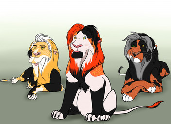 black_body black_fur black_mane blonde_mane blue_eyes brown_eyes cheek_tuft facial_tuft feral fur gradient_background green_eyes grey_mane group heterochromia lying male male_feral mane mouth_closed on_front open_mouth orange_eyes red_mane simple_background sitting tail tail_tuft trio tuft whiskers white_body white_fur yellow_sclera kodaac felid lion mammal pantherine