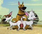 animal_genitalia animal_penis between_butts big_penis bodily_fluids canine_genitalia canine_penis cum domestic ejaculation female feral genital_fluids genitals group looking_at_another male male/female open_mouth penis smile thick_thighs tongue tongue_out trio skateryena udbebu space_dogs belka kazbek strelka canid canine canis domestic_dog mammal absurd_res artist_collaboration hi_res