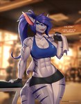 5_fingers abs anthro athletic athletic_wear big_breasts blue_eyes blue_hair blurred_background bodily_fluids bottomwear bra breasts cleavage clothed clothing curvy_figure dialogue female fingerless_gloves fingers gloves gym hair handwear long_hair looking_at_viewer muscular muscular_anthro muscular_female non-mammal_breasts open_mouth purple_hair sharp_teeth shorts solo sports_bra sweat talking_to_viewer teeth text thick_thighs towel underwear wide_hips doomthewolf sally_(doomthewolf) fish marine shark 2021 digital_media_(artwork) english_text hi_res