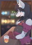 anthro arumo bar_counter big_breasts black_hair blue_eyes breasts canid canine cleavage clothed clothing container counter cup dress female fox glass glass_container glass_cup gloves hair handwear hi_res long_hair looking_at_viewer mammal open_mouth smile solo