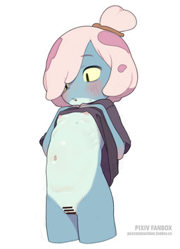 accessory anthro areola biped black_clothing black_eyes blue_body blush blush_lines bodily_fluids censor_bar censored_genitalia censored_vulva clothed clothing clothing_lift countershade_torso countershading eyebrows female flat_chested genitals hair hair_accessory hair_bun hair_over_eye hairpin ineffective_censorship loli multicolored_body navel nipples one_eye_obstructed open_mouth partially_clothed short_hair simple_background solo standing sweat teeth two_tone_body vulva white_background white_body white_hair young young_anthro possummachine amphibia_(series) disney maddie_flour amphibian frog 2023 absurd_res censored hi_res portrait three-quarter_portrait