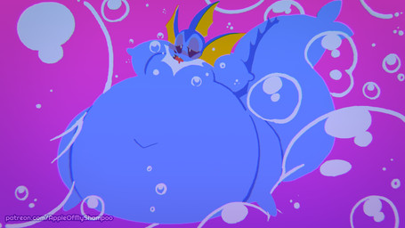 ambiguous_gender belly belly_expansion big_belly big_tail black_nose blush blush_stickers bodily_fluids bubble drooling expansion fangs floating gradient_background half-closed_eyes huge_belly huge_tail hyper hyper_belly immobile inflated_limbs narrowed_eyes navel open_mouth pear-shaped_figure pink_background saliva semi-anthro simple_background solo tail teeth wide_hips appleofmyshampoo nintendo pokemon eeveelution generation_1_pokemon pokemon_(species) vaporeon 16:9 2026 4k absurd_res digital_drawing_(artwork) digital_media_(artwork) flat_colors hi_res watermark widescreen