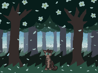 ambiguous_gender bodily_fluids brown_body brown_fur crying detailed_background feral forest fur grass outside plant sad sitting solo tears toony tree demensa domestic_cat felid feline felis mammal 2025 4:3 digital_media_(artwork) hi_res pixel_(artwork)