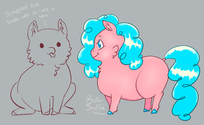ambiguous_feral ambiguous_gender blue_eyes blue_hair blue_hooves blue_tail duo female female_feral feral front_view fur grey_background hair hooves mouth_closed pink_body pink_fur side_view simple_background sitting smile standing tail text tongue tongue_out young young_ambiguous young_female young_feral bittersouffle fluffy_pony fluffy_pony_(species) mammal 2026 artist_name digital_media_(artwork) english_text partially_colored shaded soft_shading