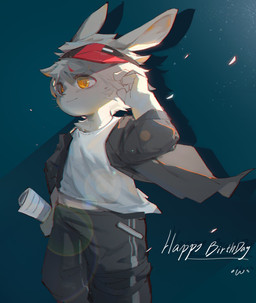 4_fingers ambiguous_gender anthro black_clothing black_jacket black_topwear bottomwear chest_tuft clothing fingers fluffy fur hair hand_on_hip hat headgear headwear inner_ear_fluff jacket kemono looking_at_viewer male particles pupils red_clothing red_hat red_headwear shirt shorts slit_pupils smile solo standing text topwear tuft visor_cap white_body white_clothing white_fur white_hair white_shirt white_topwear yellow_eyes young young_anthro cuihongshi lagomorph leporid mammal rabbit 2021 chromatic_aberration digital_media_(artwork) hi_res