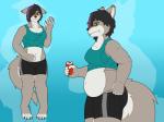 anthro belly beverage black_hair blush bottomwear breasts brown_body brown_fur cleavage clothed clothing ear_piercing female fur gesture grey_body grey_fur hair hair_over_eye markings nipple_outline one_eye_obstructed overweight overweight_anthro overweight_female piercing shirt shorts simple_background solo standing tank_top tight_clothing tongue tongue_out topwear waving weight_gain thefoxydragon canid canine canis mammal wolf 2019 absurd_res digital_media_(artwork) hi_res