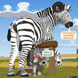 animal_genitalia animal_penis anthro anthro_on_feral anus bestiality bodily_fluids breeding_stand bucket container cum cum_in_bucket cum_in_container cum_on_chest cum_on_crotch cum_on_face dazed dominant dominant_feral dripping duo equine_anus equine_balls equine_genitalia equine_penis feral field flared_penis genital_fluids genitals horn humanoid_genitalia humanoid_penis male male/male male_feral male_on_feral motion_lines penile penis penis_milking precum precum_drip presenting presenting_anus profanity puffy_anus quadruped speech_bubble spiral spiral_eyes striped_body stripes tail_fluff text conditional_dnp zelkothezeeb nintendo pokemon binx_(binxtherat) zelko alolan_form alolan_rattata equid equine felkin generation_7_pokemon hybrid mammal pokemon_(species) regional_form_(pokemon) zebra 1:1 digital_media_(artwork) english_text pixel_(artwork)