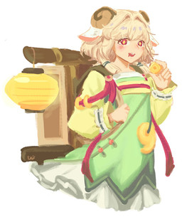 5_fingers backpack blonde_hair clothed clothing female fingers hair horn humanoid_hands lamp lantern red_eyes short_hair simple_background solo white_background tnr_tonniris sdorica baa_baa animal_humanoid bovid bovid_humanoid caprine caprine_humanoid goat_humanoid humanoid mammal mammal_humanoid signature