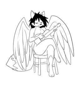 anthro electric_guitar feathered_wings feathers guitar hair male musical_instrument nude playing_guitar playing_music plucked_string_instrument solo string_instrument wings metal_(artist) sam_the_angel_fox canid canine fox mammal digital_media_(artwork) monochrome