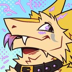 blep collar forked_tongue fur grey_eyes looking_at_viewer smile snaggle_tooth solo tongue tongue_out yellow_body yellow_fur corriezodori sergal 2024 icon low_res