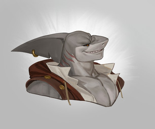 anthro brown_clothing brown_topwear clothed clothing earless fin fin_piercing furgonomic_piercing furgonomics gills grey_body grin head_fin male male_anthro muscular muscular_anthro muscular_male orange_eyes piercing red_clothing red_sclera red_topwear scar sharp_teeth simple_background smile solo teeth topwear white_background white_body white_clothing white_topwear edvardiko kuyo_(arcadegig) aquatic fish shark absurd_res bust_portrait hi_res portrait