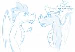 anthro dialogue duo love male male/male membrane_(anatomy) membranous_wings muscular text wings friendship_is_magic hasbro my_little_pony mythology fizzle_(mlp) garble_(mlp) dragon mythological_creature mythological_scalie scalie blue_and_white english_text hi_res monochrome