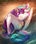 anthro areola breasts cutie_mark duo eyelashes feathered_wings feathers female hair horn lying multicolored_hair nipples nude one_eye_closed outside purple_body purple_feathers water wet white_body white_feathers wings longinius vest_(artist) friendship_is_magic hasbro my_little_pony mythology princess_celestia_(mlp) twilight_sparkle_(mlp) equid equine mammal mythological_creature mythological_equine winged_unicorn together_(disambiguation) 2017 collaboration hi_res