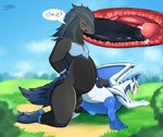 3_toes abdominal_bulge all_fours anal anal_penetration animal_genitalia anthro anthro_on_anthro anthro_penetrated anthro_penetrating anthro_penetrating_anthro anus ass_up azura_(demowerecat) big_butt big_dom_small_sub blue_body blue_claws blue_horn blue_skin blush bodily_fluids breath butt claws cum cum_in_ass cum_inside cutaway detailed_background digitigrade dominant dominant_male dripping duo erection eyes_closed feet forest forest_background from_behind_position genital_fluids genital_slit genitals half-closed_eyes heart_symbol hearts_around_head horn internal internal_slit interspecies knot looking_pleasured male male/male male_on_top male_penetrated male_penetrating male_penetrating_male markings membrane_(anatomy) membranous_wings multicolored_body narrowed_eyes nature nature_background nude on_bottom on_top open_mouth open_smile outside outside_sex panting paws penetration penile penile_penetration penis penis_in_ass plant pokephilia precum precum_drip raised_tail sex sharp_teeth size_difference slit_penetration slit_play smaller_male smaller_penetrated smile sound_effects speech_bubble spread_legs spread_slit spreading submissive submissive_male tail tail_grab tail_markings teeth thrusting toes tongue tongue_out tree white_body wings wings_folded voltek european_mythology mythology nintendo pokemon fan_character pokemon_trainer voltek_(character) dragon generation_2_pokemon mythological_creature mythological_scalie pokemon_(species) scalie typhlosion western_dragon hi_res