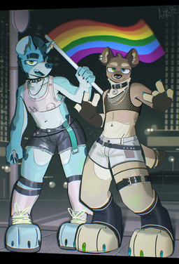 4_fingers anthro belt bottomwear clothing collar detailed_background duo fingers gesture hand_gesture holding_object lgbt_pride male male/male navel navel_piercing pawpads piercing pride_color_flag shorts spiked_collar spikes standing tongue tongue_out ankorthewolf lgbt_pride_month ankor_(ankorthehyena) theo_(ankorthehyena) gulonine hyena mammal marten mustelid musteline pine_marten absurd_res hi_res signature
