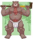 5_toes ambiguous_gender anthro asian_clothing axe belly brown_body brown_fur bulge clothing duo east_asian_clothing feet felling_axe fundoshi fur hairy holding_object japanese_clothing kemono larger_male male melee_weapon moobs musclegut muscular nipples overweight overweight_male pubes scar size_difference smaller_ambiguous solo_focus toes underwear weapon young young_anthro chan_kiti_chan bear mammal 2020 hi_res