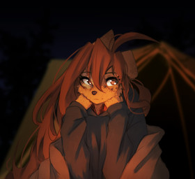 5_fingers anthro biped brown_eyes brown_hair clothed clothed_anthro clothed_female clothing female fingers front_view fur hair looking_at_viewer night outside plant sky smile solo tan_body tan_fur tree tinygaypirate apogee_(tinygaypirate) canid canine canis domestic_dog mammal 2026 absurd_res digital_drawing_(artwork) digital_media_(artwork) hi_res