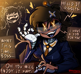 4_hands >w< accessory big_breasts black_hair black_sclera blue_tongue bodily_fluids boss boss_and_employee bow_ribbon breasts brown_body brown_hair brown_skin clothing dialogue earless ellipsis exclamation_point eyewear fangs female flying_sweatdrops freckled_face freckles giggle giggling glasses glowing glowing_eyes grey_body grey_tongue hair hair_accessory hair_bun hairclip holding_eyewear holding_glasses holding_object looking_at_viewer looking_away machine metal metallic_body multi_hand necktie noseless office office_lady open_mouth open_smile pigtails pink_text red_text screen screen_face segmented_body sharp_teeth simple_background smile solo speech_bubble suit sweat sweatdrop teeth text tongue twintails_(hairstyle) unusual_anatomy wearing_glasses white_body x_eyes yellow_eyes yellow_text diddlydooter1 glitch_productions murder_drones background_character cyn_(murder_drones) j_(murder_drones) tessa_(murder_drones) disassembly_drone eldritch_abomination human humanoid mammal patchwork_creature robot robot_humanoid undead worker_drone zombie artist_name digital_drawing_(artwork) digital_media_(artwork) hi_res signature