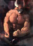 5_fingers anthro big_muscles brown_body brown_fur clothed clothing fingers flexing fur horn humanoid_hands jewelry looking_at_viewer male mask muscular muscular_anthro muscular_male necklace sitting solo topless white_horn yellow_eyes fd-caro kathu_thal bovid bovine mammal 2018 absurd_res hi_res