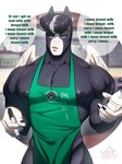 5_fingers anthro apron apron_only areola blue_eyes clothing feathered_wings feathers fingers green_apron green_clothing hair holding_object humor male mostly_nude muscular muscular_anthro muscular_male nipples pecs pompadour solo text wings plna i_mean_breast_milk mythology starbucks angel_(plna) equid equine mammal mythological_creature mythological_equine pegasus absurd_res english_text hi_res meme