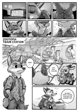 anthro backpack bottomwear clothed clothing dialogue duo pants shirt text topwear kit-ray-live disney zootopia judy_hopps nick_wilde canid canine fox lagomorph leporid mammal rabbit red_fox true_fox 2019 comic english_text greyscale hi_res monochrome
