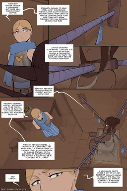 armor book bound breastplate brown_hair clothed clothing dark_body dark_skin dialogue dialogue_box duo female frown hair hands_tied humanoid_pointy_ears inside legs_tied light_body light_skin male neck_bound not_furry pointy_ears prison_cell prisoner red_eyes restrained speech_bubble text arbuzbudesh lady_wolf_(arbuzbudesh) elf human humanoid mammal 2025 2:3 colored comic english_text hi_res url