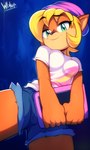 anthro beanie blonde_hair bottomwear breasts clothed clothing exposure_variation female food front_view green_eyes hair hat headgear headwear holding_object holding_tablet looking_at_viewer low-angle_view shirt short_hair shorts smile solo tablet thick_thighs topwear wildblur activision crash_bandicoot_(series) coco_bandicoot totally_tubular_coco bandicoot mammal marsupial 2024 3:5 alternate_version_at_paywall hi_res signature