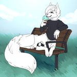 bench clothed clothing dessert food happy ice_cream male medical_instrument outside partially_clothed scientific_instrument solo vloic alyx_mcconville_(character) canid canid_taur canine canine_taur fox fox_taur mammal mammal_taur taur 1:1 hi_res