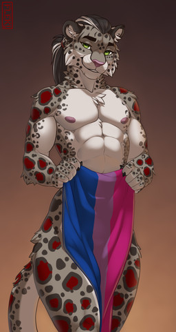 abs anthro bisexual_pride_colors covering covering_crotch flag hair lgbt_pride long_hair looking_at_viewer male nude ponytail pride_colors solo fleki umbrose felid mammal pantherine snow_leopard absurd_res hi_res