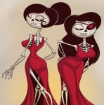 bent_over black_hair bone butt clothing dress duo eye_patch eyewear female hair half-closed_eyes hand_on_butt heart_symbol looking_at_viewer narrowed_eyes not_furry pose seductive simple_background skeleton smile yellow_eyes cr the_book_of_life adelita_sanchez sanchez_twins scardelita_sanchez animated_skeleton undead sibling_(lore) sister_(lore) sisters_(lore) twins_(lore)