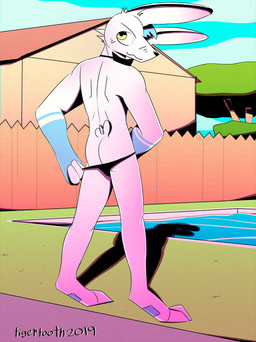 anthro backyard blush bow_(feature) bow_tie building butt clothing fence fur grass hair house looking_at_viewer male outside plant sky smile solo stripper summer sunny tree underwear undressing water white_body tigertooth lagomorph leporid mammal rabbit 2019 digital_media_(artwork) hi_res