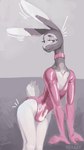 anthro bent_over bodysuit bulge clothing detailed_bulge femboy fluffy fluffy_tail fur genital_outline grey_body grey_fur latex latex_bodysuit latex_clothing latex_collar latex_skinsuit male penis_outline pink_latex seductive skinsuit solo tail tight_clothing white_body white_fur 7b7a2f lagomorph leporid mammal rabbit 2024 9:16 absurd_res hi_res