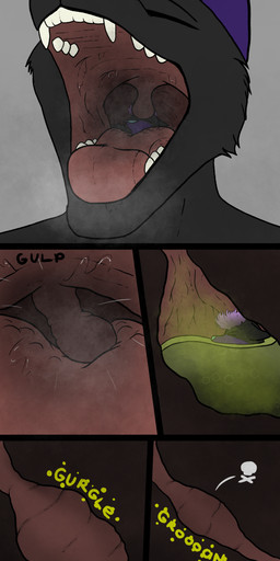 anthro blue_nose bodily_fluids close-up digestion drooling duo fangs fatal_vore fur male male/male mouth_shot open_mouth oral_vore organs parzivalrpl1 purple_body purple_fur rumbling_stomach saliva stomach stomach_acid swallowing teeth throat tongue uvula vore macromousie canid canine canis fox mammal wolf 2025 absurd_res comic headshot_portrait hi_res portrait