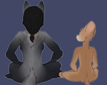 5:4 absurd_res anthro back_muscles back_scar braided_hair brown_body brown_fur canid canine duo female fox fur grey_body grey_fur hair hi_res keta_(privvy) male male/female mammal miguel_(privvy) mouse murid murine muscular privvys-art red_fox rodent scar silver_fox tail true_fox