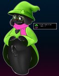 anthro balls black_body black_clothing black_ears black_fur black_nose black_robe blush blush_lines bodily_fluids clothed clothing clothing_lift eyewear fur gameplay_mechanics genital_fluids genitals glasses green_clothing green_eyewear green_glasses green_hat green_headwear green_robe grey_background hat headgear headwear heart_symbol male multicolored_clothing multicolored_robe penis pink_scarf precum presenting presenting_penis question_mark robe robe_lift scarf simple_background small_balls small_penis solo standing text text_box two_tone_clothing two_tone_robe white_eyes rydryd deltarune undertale_(series) ralsei bovid caprine darkner goat mammal 2025 absurd_res digital_media_(artwork) english_text hi_res